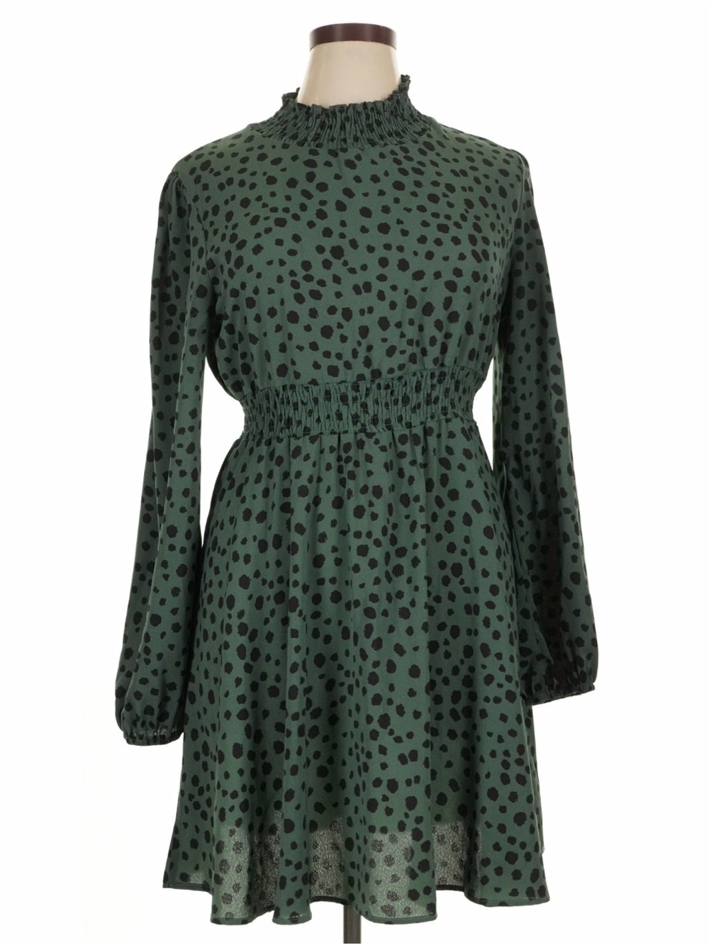 SHEIN Green Long-Sleeve Smocked Waist Polka Dot Dress
